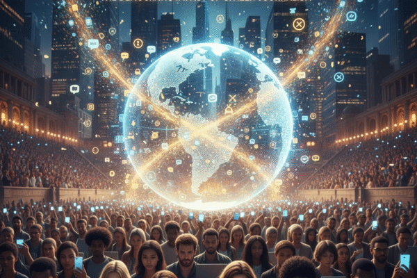When Voices Rise from the Crowd: The Democratic Impact of Citizen Journalism distinct image focusing on the broad concept of a multitude of voices rising to form a collective narrative through technology.