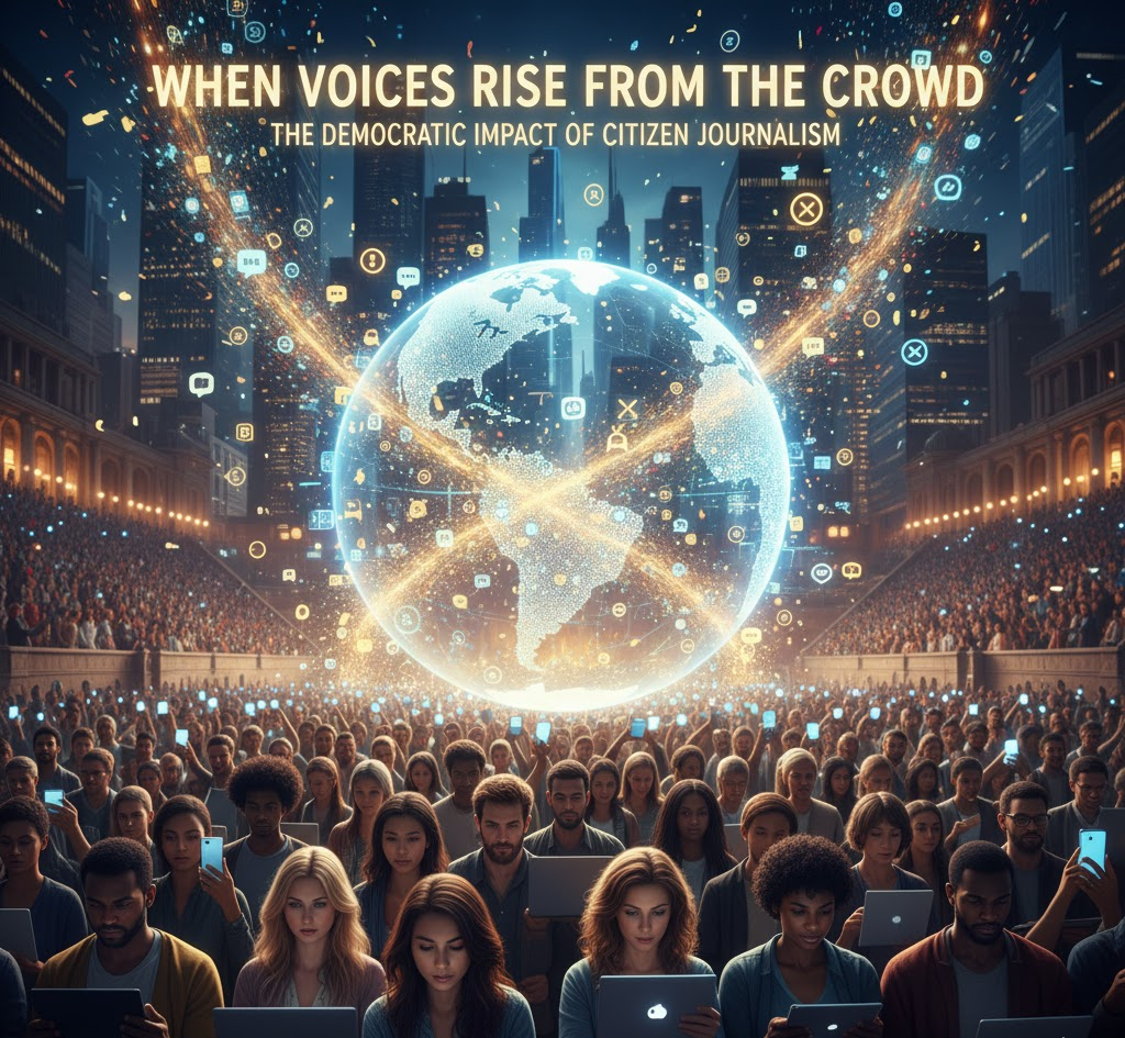 distinct image focusing on the broad concept of a multitude of voices rising to form a collective narrative through technology.