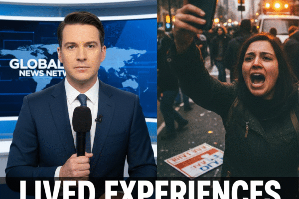Why Lived Experiences Trump Headlines: The Emotional Resonance of Citizen Journalism Split image contrasting a news anchor with a citizen journalist, highlighting the emotional resonance of lived experiences over headlines in citizen journalism.