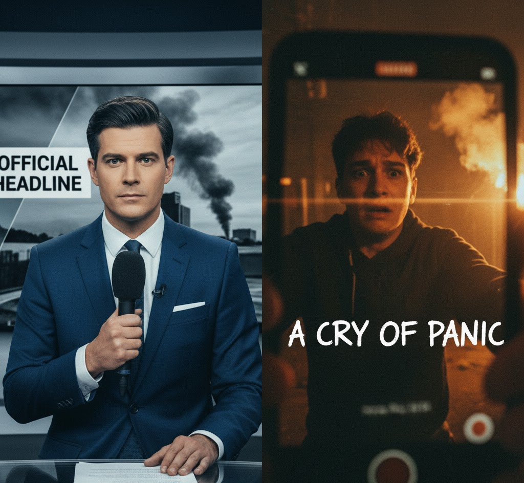 Split image contrasting a news anchor (clinical headline) with a distressed person being filmed (a cry of panic), illustrating the emotional depth of citizen journalism.