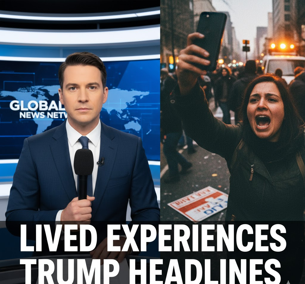 Split image contrasting a news anchor with a citizen journalist, highlighting the emotional resonance of lived experiences over headlines in citizen journalism.