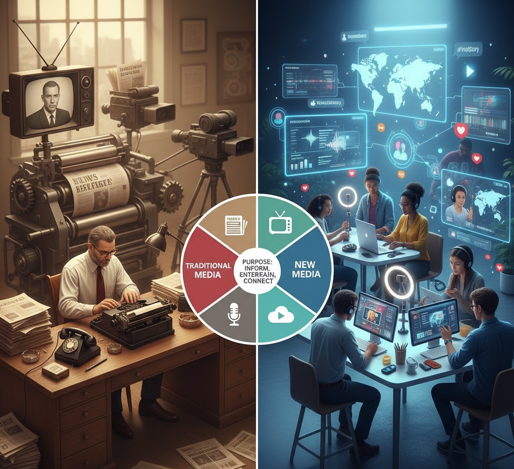 Visual comparison of Traditional Media vs. New Media showing the differences in content creation, distribution, speed, and audience interaction, centered around the common purpose to inform, entertain, and connect.
