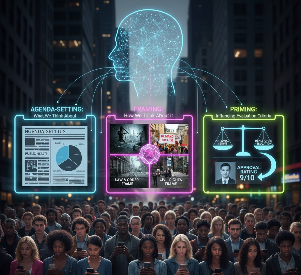 Illustration of mass media's influence on public opinion, depicting a crowd viewing content on phones, with overhead panels for Agenda-Setting, Framing, and Priming affecting a glowing human head representing cognitive processes.