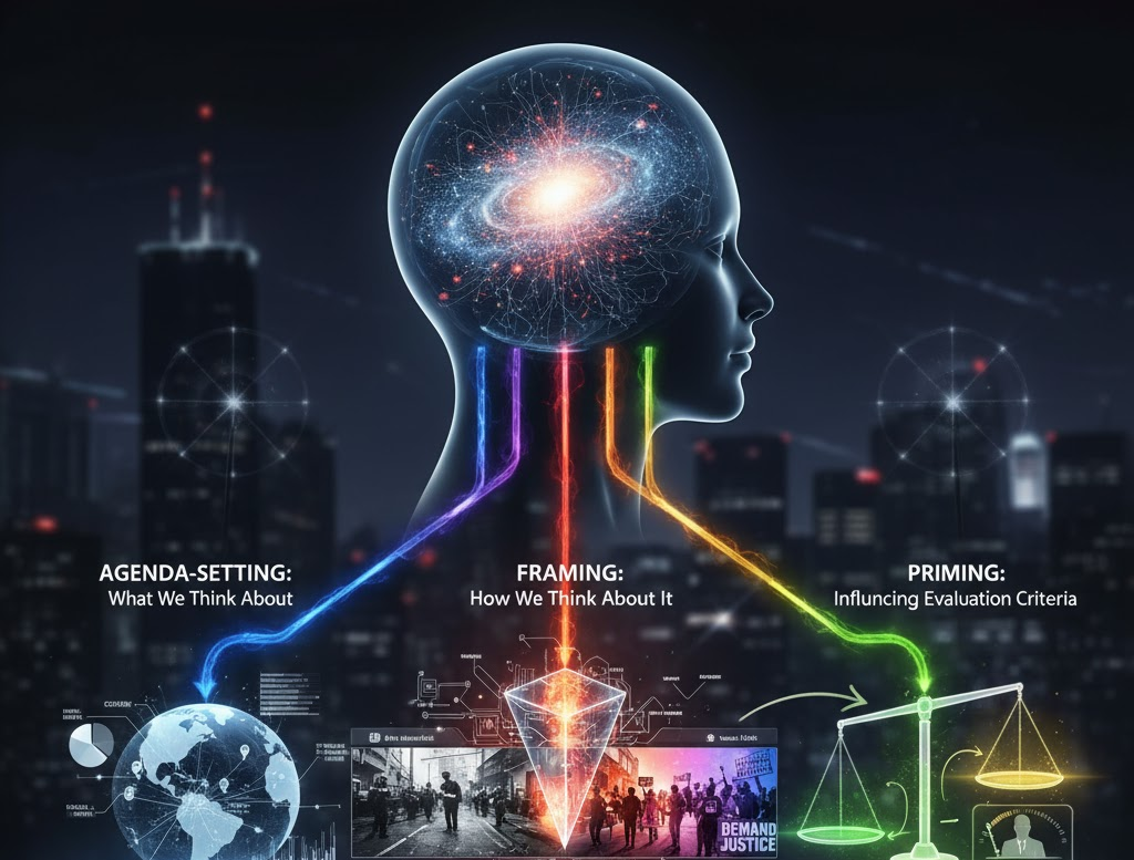 Image demonstrating the influence of mass media on public opinion through Agenda-Setting, Framing, and Priming.