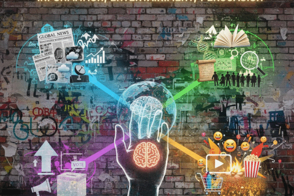 The Four Basic Functions of Mass Communication An illustrative image depicting the functins of Mass Communication on a graffiti-covered brick wall. A central hand holds a glowing brain inside a globe, symbolizing media's influence. Four distinct pathways emanate outwards, each representing a function: "Information" with news graphics and data; "Education" with books, DNA, and formulas; "Entertainment" with emojis, popcorn, and a play button; and "Persuasion" with a megaphone, ballot box, and shopping cart. The bottom text emphasizes "Media Literacy: Decode the Message."