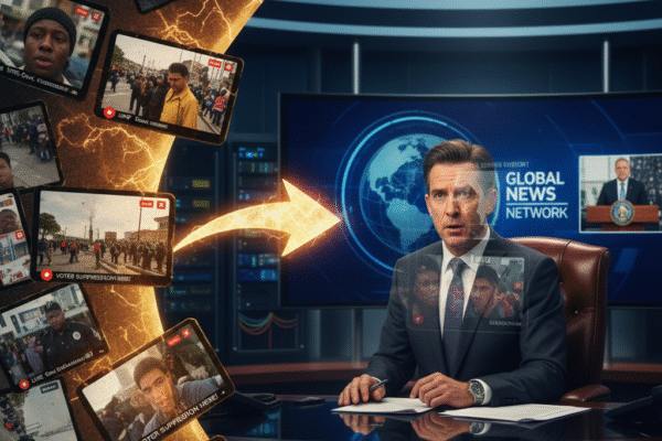 A stark visual representation of the conflict between media sources. On the right, a traditional, authoritative news anchor sits at a desk under a "Global News Network" graphic. On the left, a chaotic swirl of small, raw smartphone videos and live streams, depicting street protests, arrests, and voter suppression, is connected to the news anchor's screen by a lightning-bolt-shaped arrow. The image suggests that grassroots citizen footage is directly challenging or feeding into the mainstream media narrative.