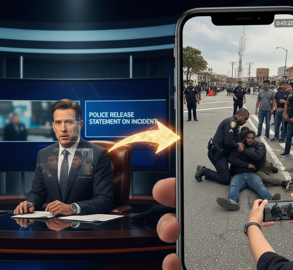A close-up, impactful image focusing on a hand holding a smartphone that is actively recording a tense scene with police in the background. The low, ground-level perspective emphasizes the role of the citizen's camera as a tool for accountability and documentation, capturing visual evidence of police interactions and potential misconduct.