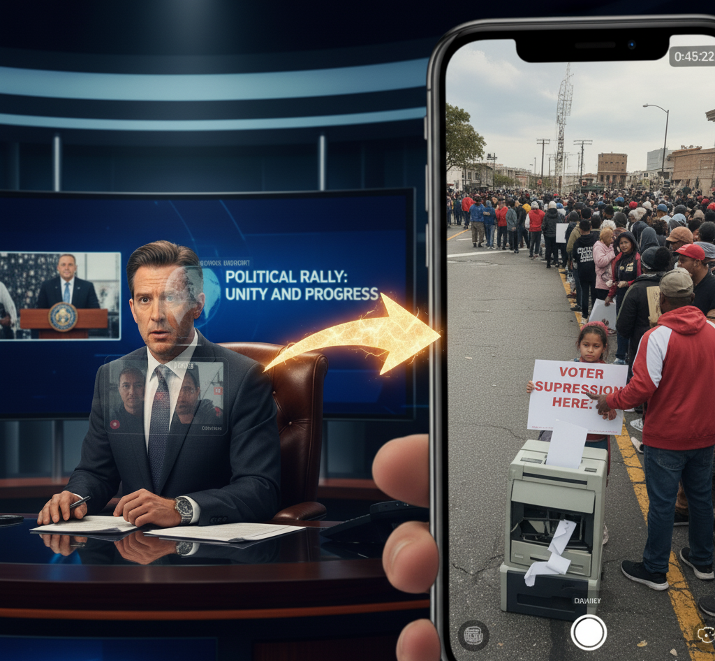 image contrasting a sterile, formal political press conference on one side with a dynamic, close-up shot of a hand holding a ballot and voting in a local polling place being photographed by another smartphone on the other. This symbolizes the conflict between controlled, official political narratives and the on-the-ground reality documented by citizens during elections and political events.