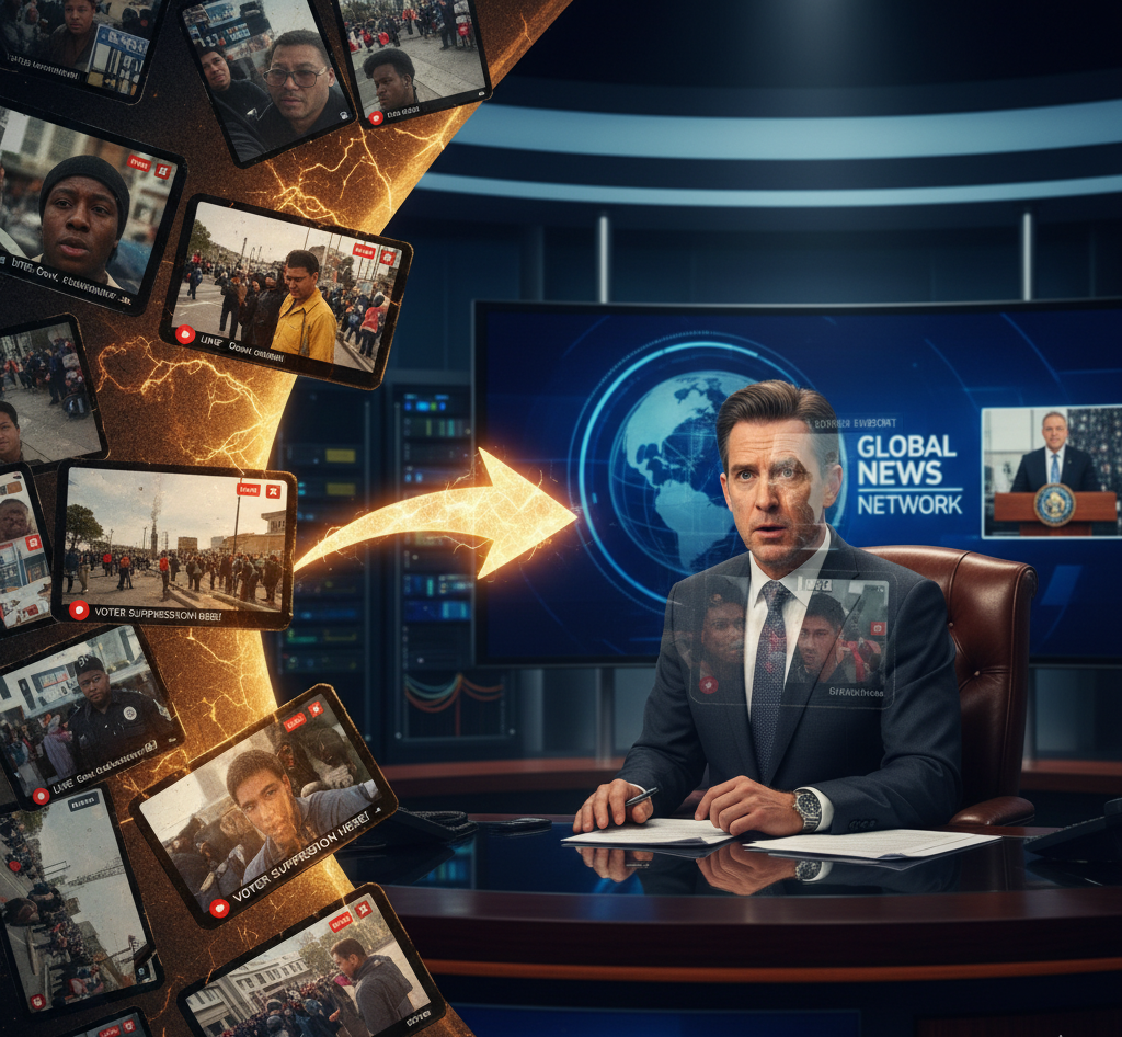 A stark visual representation of the conflict between media sources. On the right, a traditional, authoritative news anchor sits at a desk under a "Global News Network" graphic. On the left, a chaotic swirl of small, raw smartphone videos and live streams, depicting street protests, arrests, and voter suppression, is connected to the news anchor's screen by a lightning-bolt-shaped arrow. The image suggests that grassroots citizen footage is directly challenging or feeding into the mainstream media narrative.