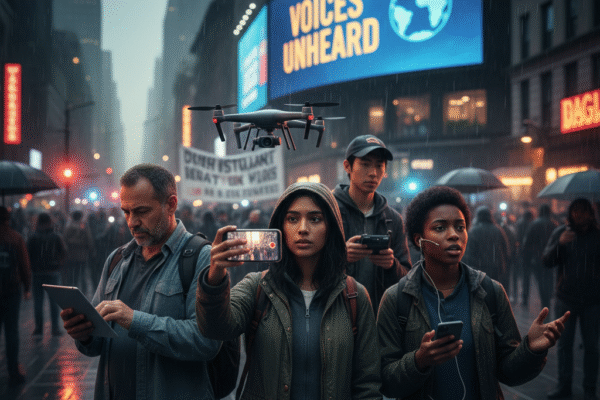 Censorship, Suppression, and the Perils of Citizen Journalism A diverse group of citizen journalists film a protest in a rainy city street. A woman in the center holds a smartphone recording a live video, while a man next to her monitors a drone camera and another uses a tablet. A large digital billboard in the background displays the text "VOICES UNHEARD" with a graphic of the globe.