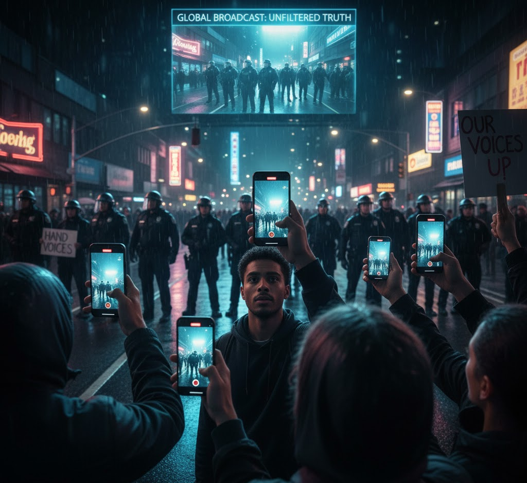 In a dimly lit city street at night, a group of people stand facing a line of police officers in riot gear. Many individuals in the foreground are holding up smartphones, actively recording the scene. Above them, a large digital billboard displays a "GLOBAL BROADCAST: UNFILTERED TRUTH" headline, showing the same protest scene being captured, emphasizing how citizen journalism provides transparency and acts as a check on power during public events.