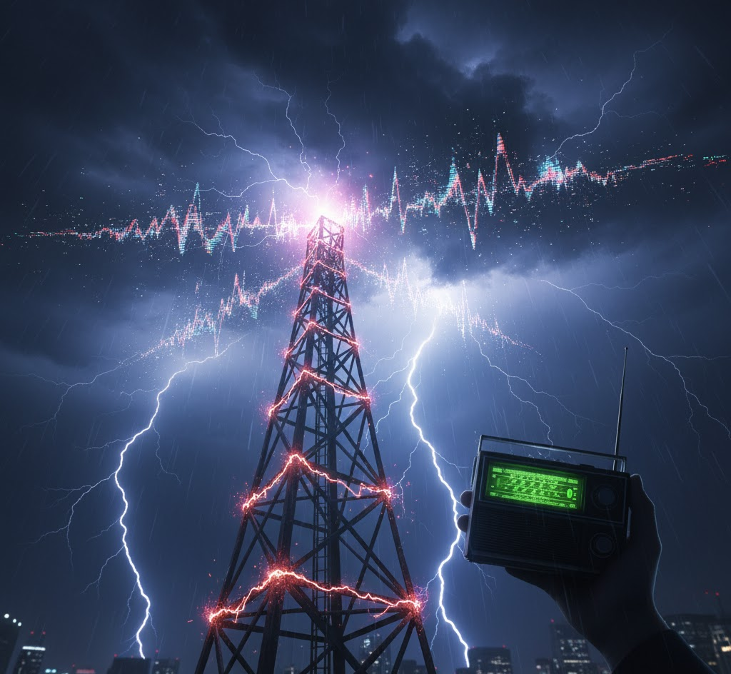 A radio tower struck by lightning during a stormy night, with a hand holding a crackling radio in the foreground, symbolizing mass communication barriers like physical noise and signal disruption.