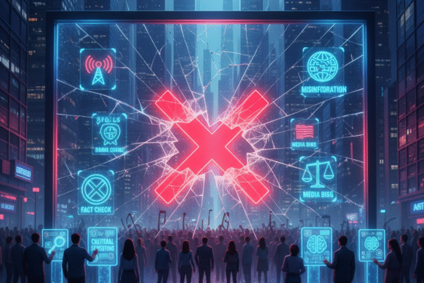 Barriers to Effective Mass Communication A futuristic cityscape with people standing before a large, shattered glass screen displaying glowing neon icons representing mass communication barriers such as noise, misinformation, and media bias, with a prominent red 'X' at its center, while individuals in the foreground engage with interactive screens for fact-checking and critical thinking.