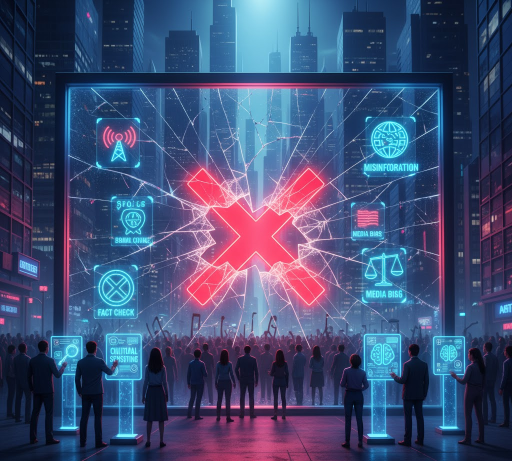 A futuristic cityscape with people standing before a large, shattered glass screen displaying glowing neon icons representing mass communication barriers such as noise, misinformation, and media bias, with a prominent red 'X' at its center, while individuals in the foreground engage with interactive screens for fact-checking and critical thinking.