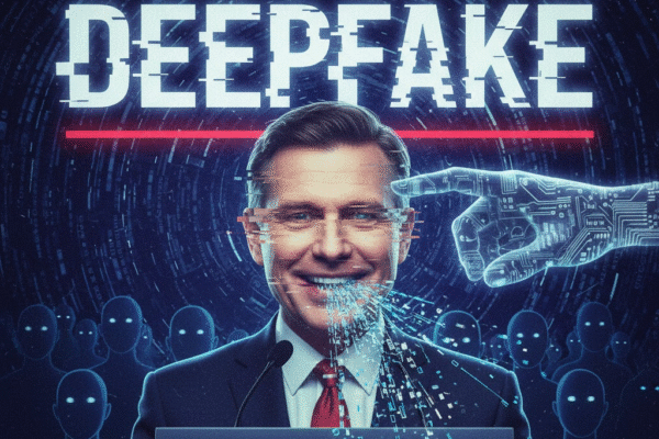 Politics, Propaganda, and Deepfakes: The New Frontline of Misinformation A striking, stylized image illustrating the threat of deepfakes in politics. A smiling male politician stands at a podium, with a digitally glitching, pixelated face and voice fragmenting into digital bits. Above him, the word "DEEPFAKE" is prominently displayed, and a glowing blue, digital hand reaches in to manipulate the scene.