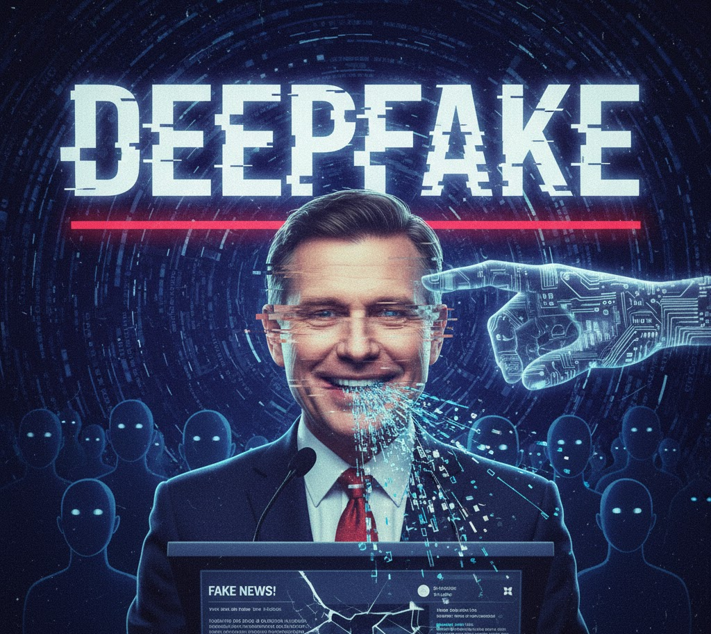 A striking, stylized image illustrating the threat of deepfakes in politics. A smiling male politician stands at a podium, with a digitally glitching, pixelated face and voice fragmenting into digital bits. Above him, the word "DEEPFAKE" is prominently displayed, and a glowing blue, digital hand reaches in to manipulate the scene.