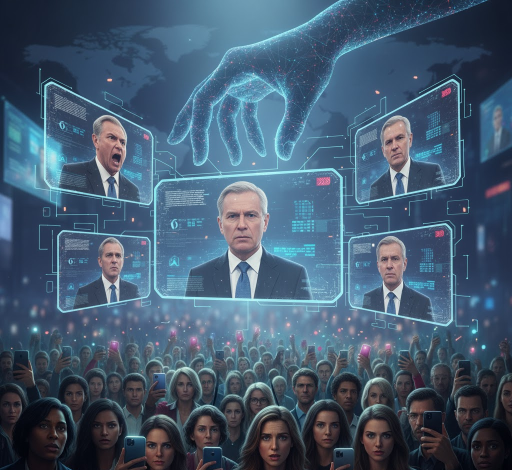 Image illustrating the digital hand of deepfake technology actively manipulates political figures, presenting a distorted reality to an unsuspecting public and threatening the foundations of trust.