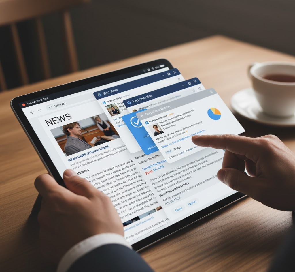 A pair of hands interact with a tablet displaying multiple browser tabs open simultaneously, illustrating "lateral reading." The primary tab shows a news article, while overlaying tabs are dedicated to "Fact-Checking" and show verified information.