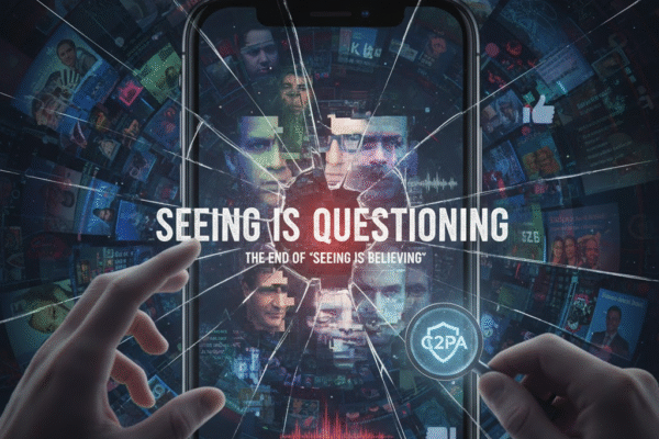 Deepfakes and the Erosion of Trust: Can We Believe What We See Online? A digital illustration depicting the crisis of trust caused by deepfakes. Two hands hold a shattered smartphone screen showing a collage of manipulated faces and media clips, with a central text that reads, "SEEING IS QUESTIONING: THE END OF 'SEEING IS BELIEVING'".