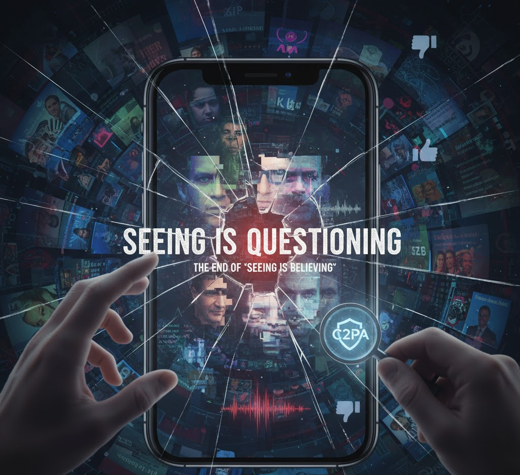 A digital illustration depicting the crisis of trust caused by deepfakes. Two hands hold a shattered smartphone screen showing a collage of manipulated faces and media clips, with a central text that reads, "SEEING IS QUESTIONING: THE END OF 'SEEING IS BELIEVING'".