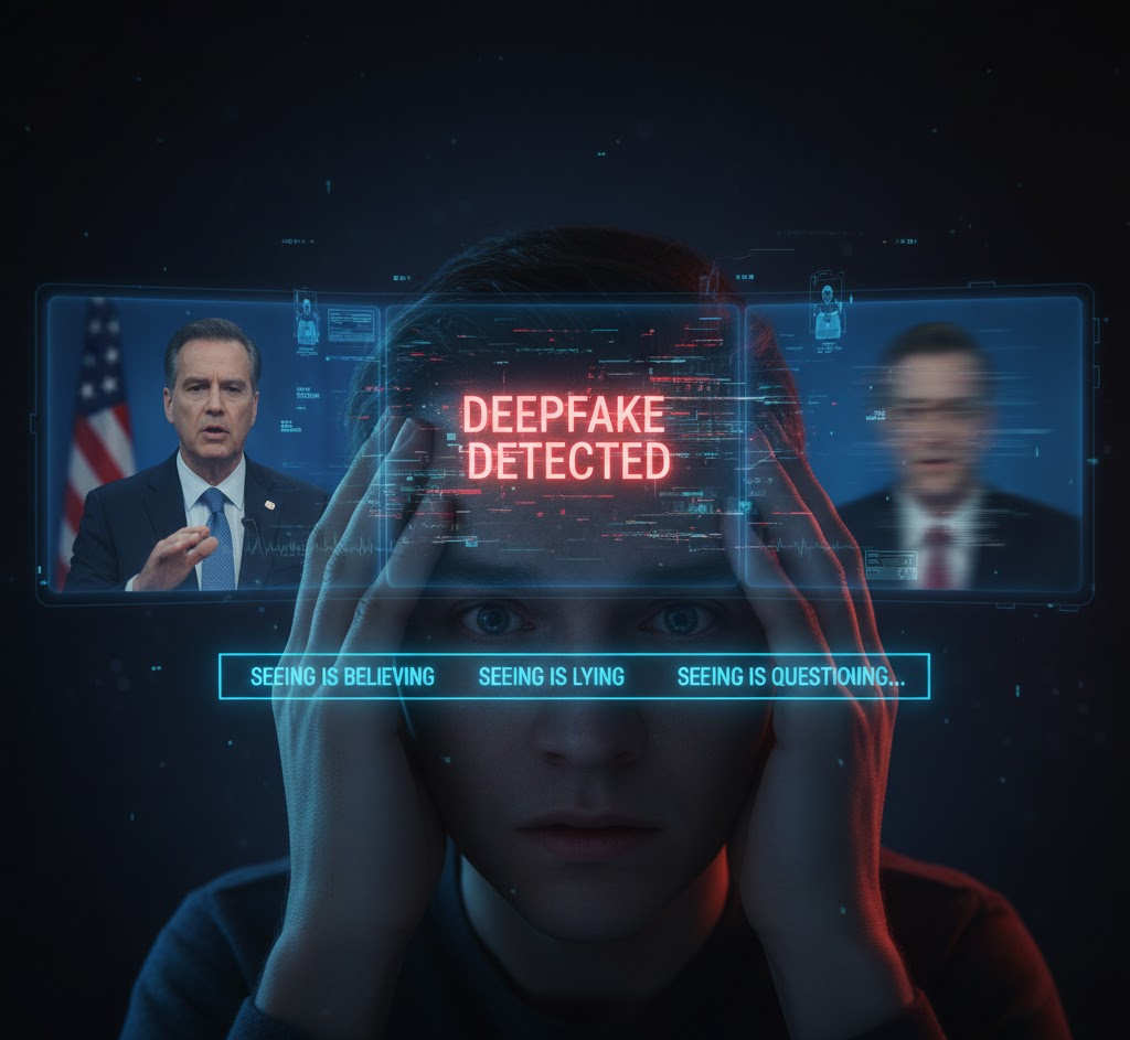 A worried individual with hands on their head, looking overwhelmed by digital screens projecting deepfake videos. A red "DEEPFAKE DETECTED" warning glows above, illustrating the psychological toll and confusion as trust in visual media erodes.