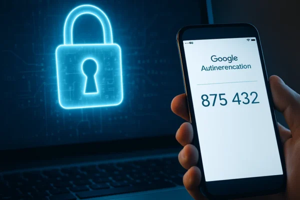 Person holding a smartphone displaying a verification code while a laptop screen shows a glowing padlock icon, symbolizing secure login through Two-Factor Authentication (2FA).
