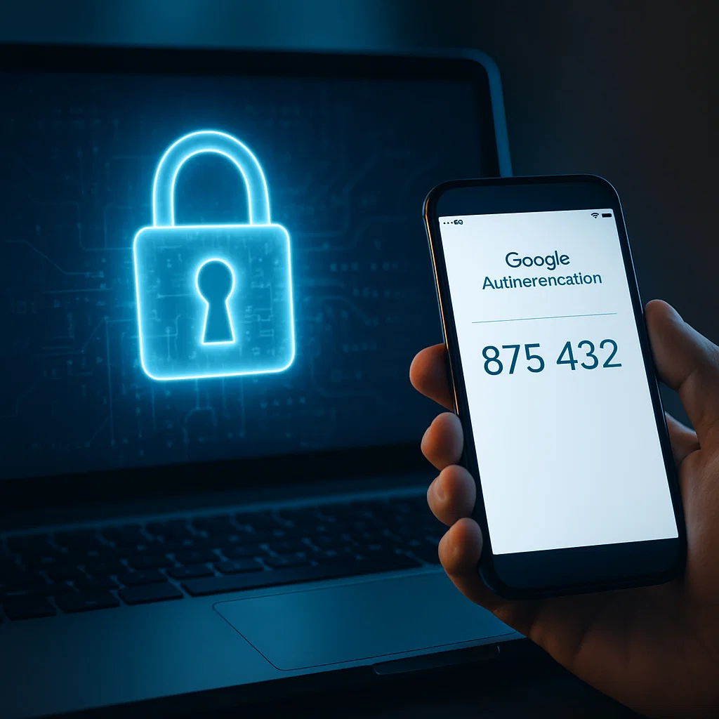 Person holding a smartphone displaying a verification code while a laptop screen shows a glowing padlock icon, symbolizing secure login through Two-Factor Authentication (2FA).