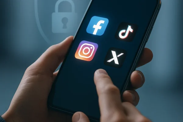 “A close-up of a smartphone displaying social media icons with a digital lock symbol, symbolizing data protection and privacy on social media platforms.