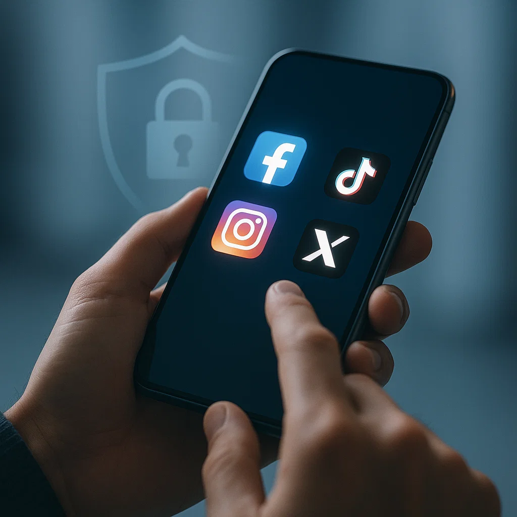 “A close-up of a smartphone displaying social media icons with a digital lock symbol, symbolizing data protection and privacy on social media platforms.