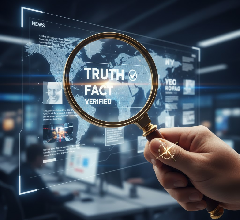 Magnifying glass held over a digital news screen, highlighting the words "TRUTH," "FACT," and "VERIFIED" against a world map background, symbolizing the Ethical Responsibilities of Mass Communicators in checking accuracy.