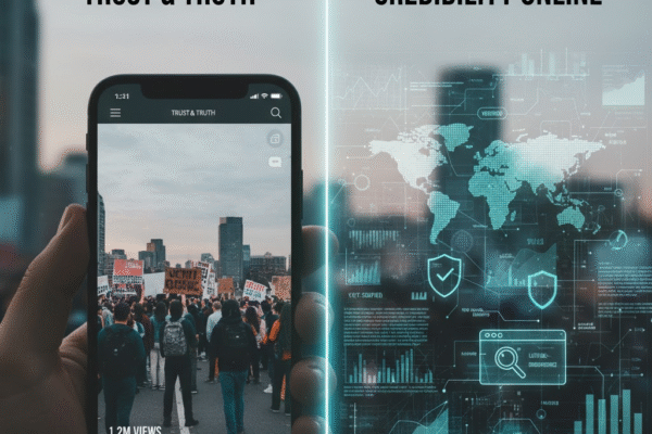 A smartphone screen showing a blurry, chaotic citizen-recorded video of a breaking news event, overlaid with transparent digital interface elements symbolizing fact-checking and verification tools, representing the challenge of discerning truth in online media.