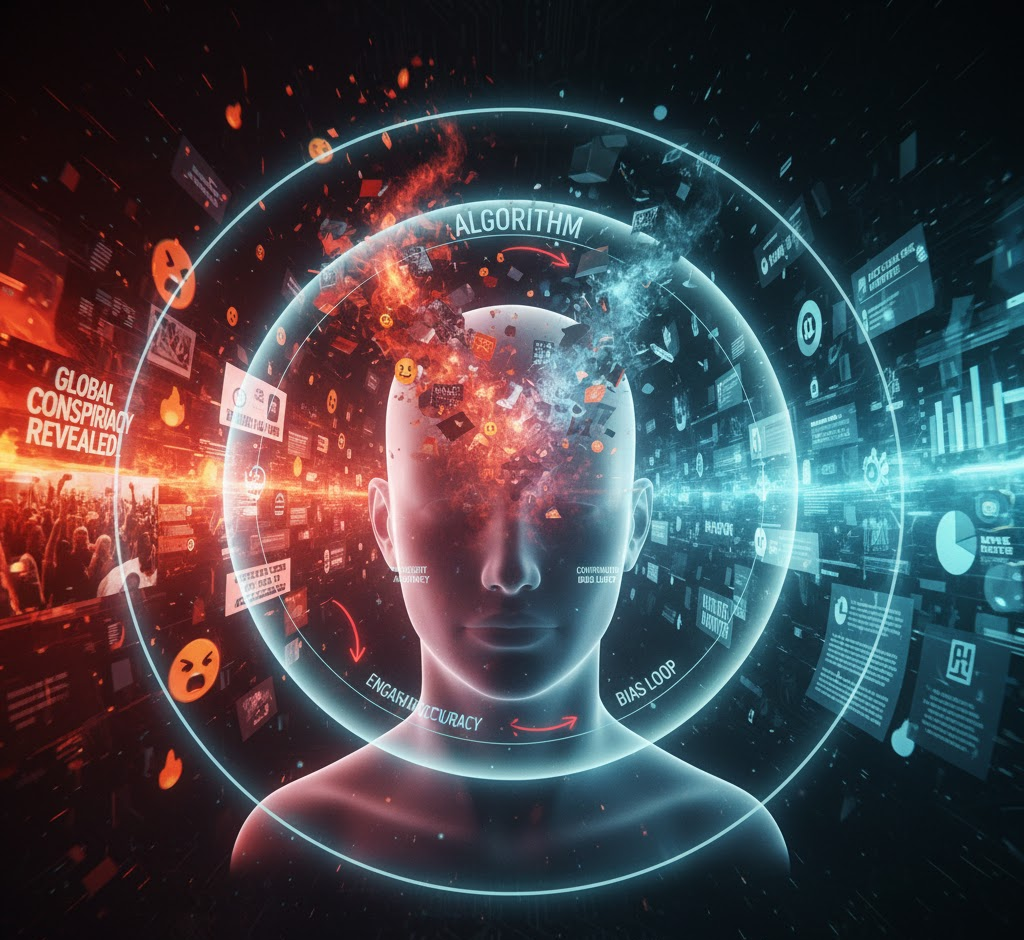  A complicated visual representation of an algorithmic echo chamber, showing a human silhouette surrounded by two opposing streams of digital information—one sensational and one factual—with an invisible filter allowing only the highly engaging, biased content to pass into the mind.