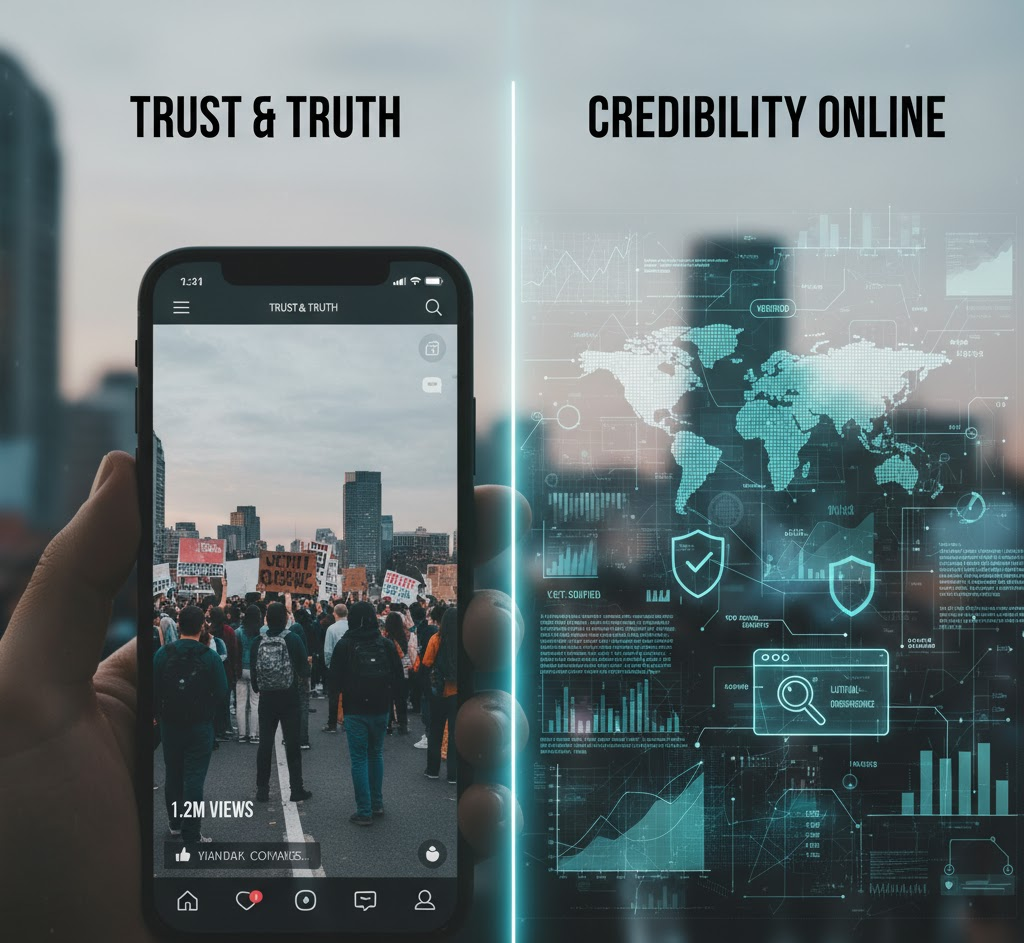 A smartphone screen showing a blurry, chaotic citizen-recorded video of a breaking news event, overlaid with transparent digital interface elements symbolizing fact-checking and verification tools, representing the challenge of discerning truth in online media.