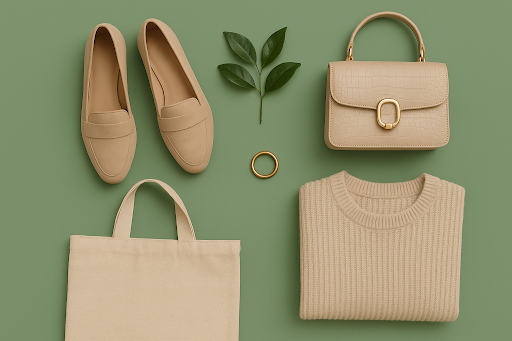 model wearing sustainable luxury fashion outfit made from eco-friendly materials