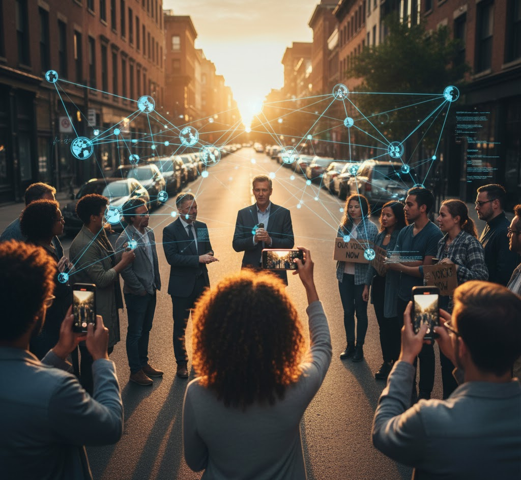 Four diverse individuals on a rooftop using smartphones to capture or share information, with a city skyline and a digitally cracked "FOURTH ESTATE" sign in the background, signifying Citizen Journalism's impact on media.