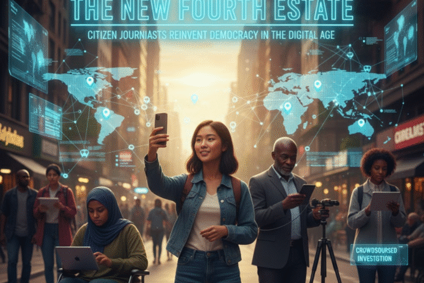 Diverse individuals in a bustling city street, actively using smartphones, cameras, and laptops, with a glowing digital overlay of a world map and data points, representing the power of Citizen Journalism to reinvent democracy.