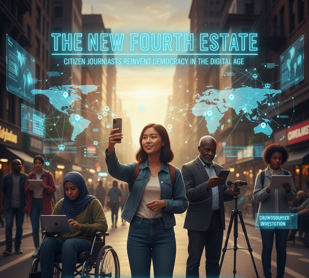 Diverse individuals in a bustling city street, actively using smartphones, cameras, and laptops, with a glowing digital overlay of a world map and data points, representing the power of Citizen Journalism to reinvent democracy.
