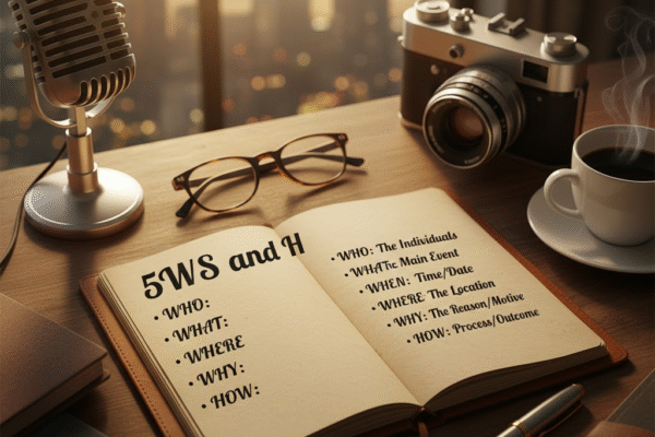 A journalist's desk at sunset overlooking a city skyline, featuring an open notebook with "5Ws and H" written on its pages. Beside it are a vintage microphone, eyeglasses, a retro camera, a steaming cup of coffee, and a fountain pen, all central to understanding the 5Ws and H in journalism.