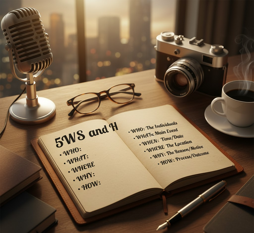 A journalist's desk at sunset overlooking a city skyline, featuring an open notebook with "5Ws and H" written on its pages. Beside it are a vintage microphone, eyeglasses, a retro camera, a steaming cup of coffee, and a fountain pen, all central to understanding the 5Ws and H in journalism.