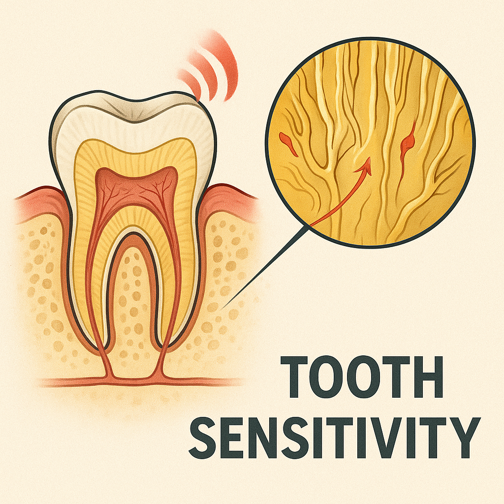 Cross-section illustration of a tooth showing enamel, dentin, and pulp with a magnified view of dentinal tubules and fluid movement, depicting how tooth sensitivity occurs.