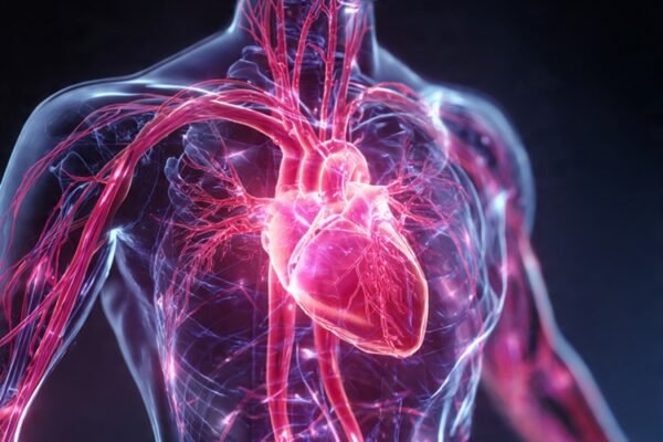 Diagram showing heart structure and blood circulation for cardiovascular health