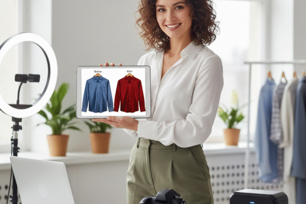 Smiling creator shows a 'before/after' clothing refinement on a tablet, featuring the Clothoffio CC device in a studio setting.