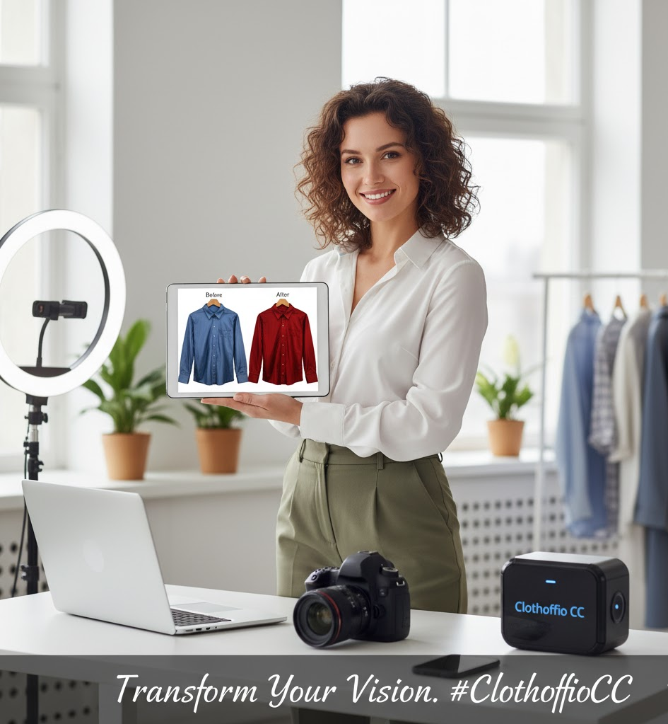 Smiling creator shows a 'before/after' clothing refinement on a tablet, featuring the Clothoffio CC device in a studio setting.