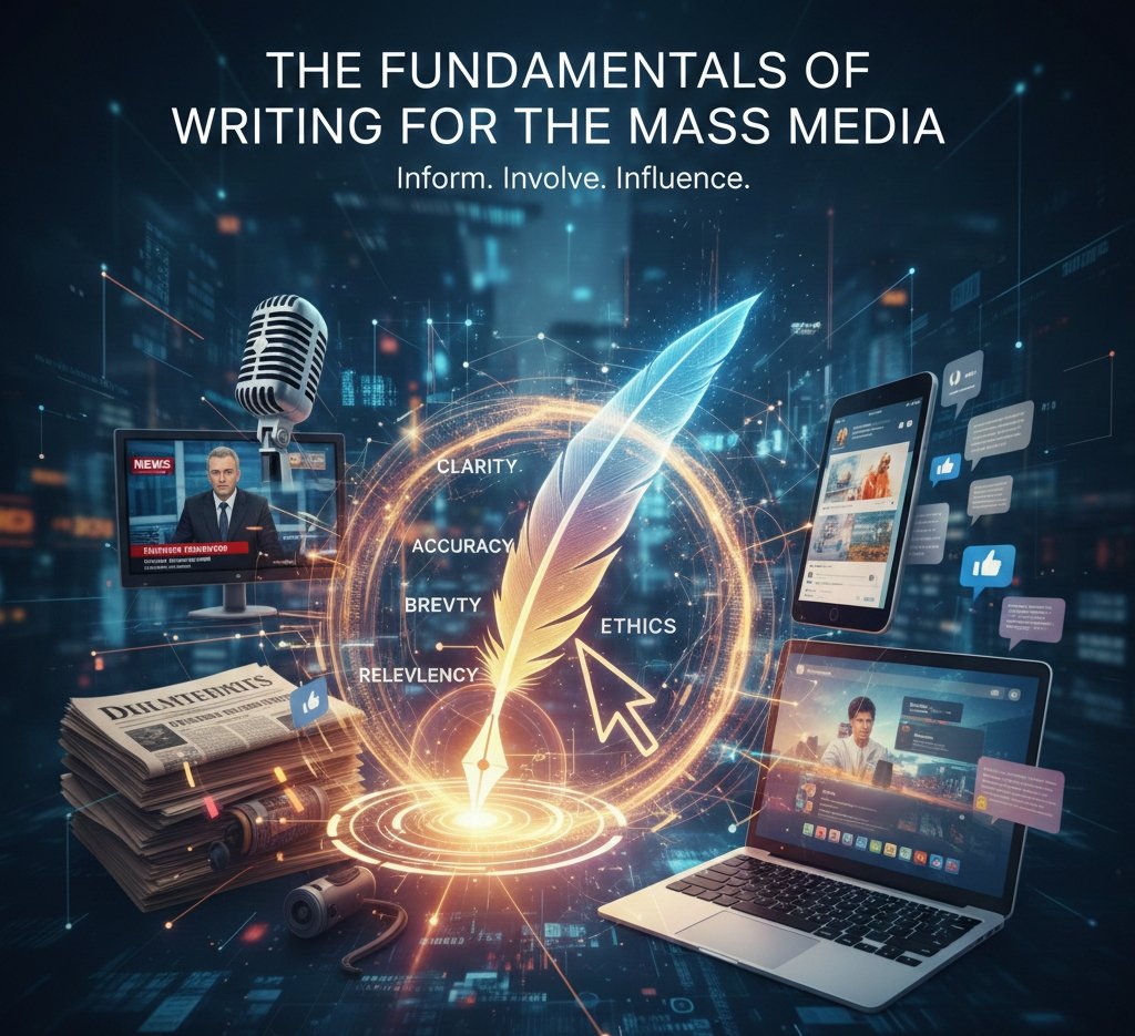A high-tech, futuristic illustration titled "The Fundamentals of Writing for the Mass Media