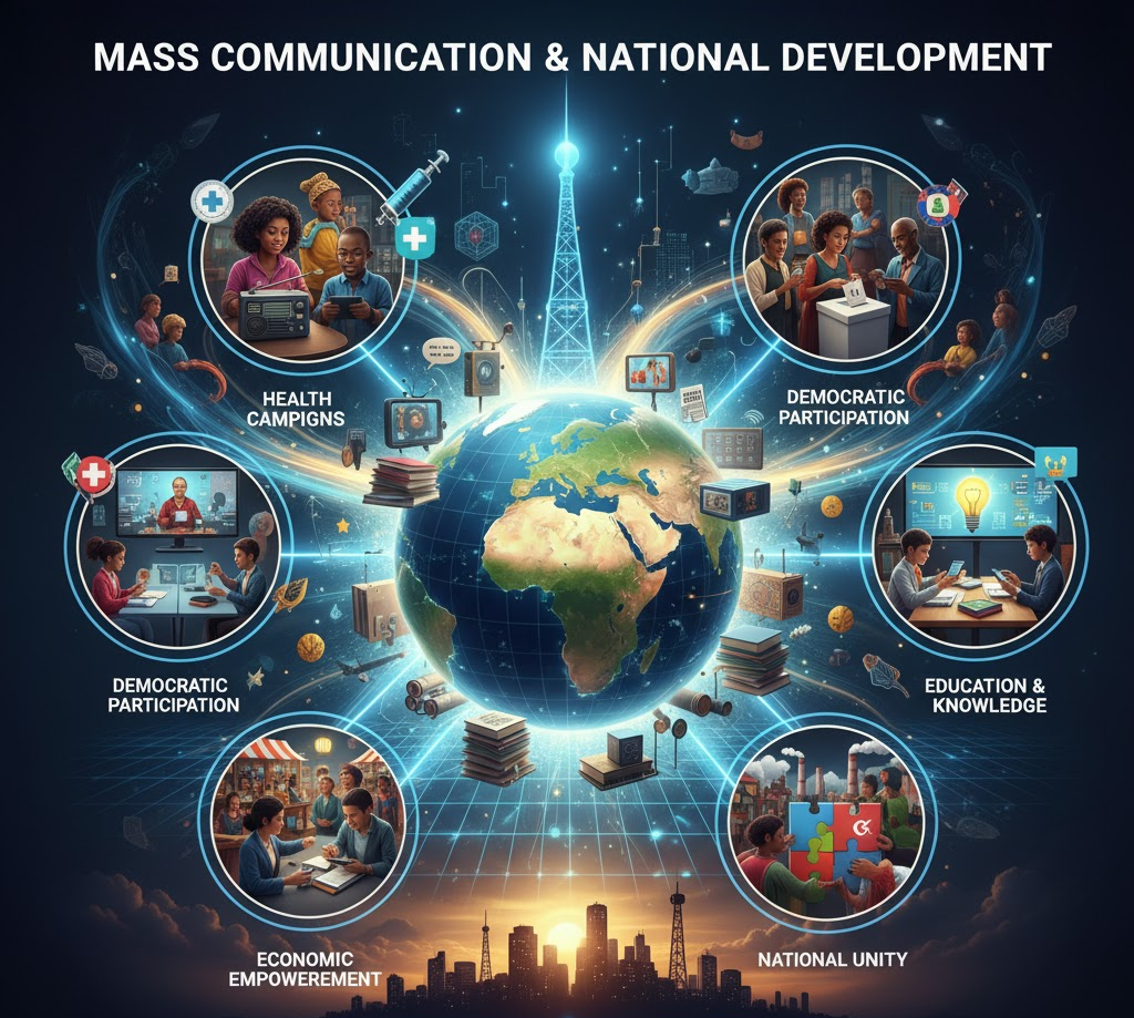 A comprehensive illustration symbolizing Mass Communication for National Development, showing a network of media channels (TV, radio, internet) spreading information to various aspects of society like education, health, politics, and economy, all contributing to a nation's growth.