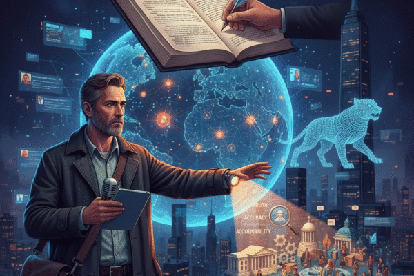 An image representing a reporter in a modern city is linked to a holographic globe, emphasizing global information flow in news reporting