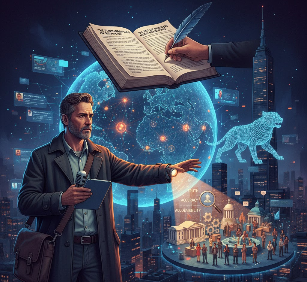An image representing a reporter in a modern city is linked to a holographic globe, emphasizing global information flow in news reporting