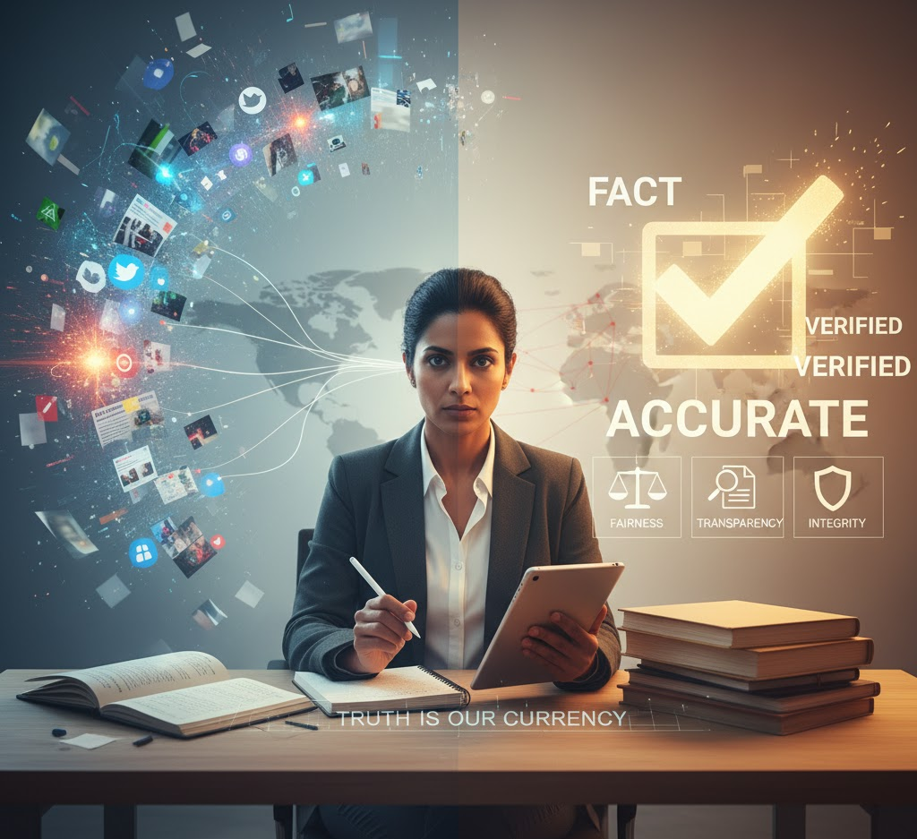 An image that visually represents the core concepts of the article such as truth, verification, and the work of a journalist in new reporting.