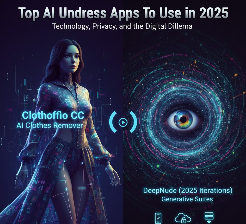 Top AI Undress Apps 2025 feature image showing a futuristic woman overlaid with code and digital interfaces, contrasting the generative technology with the ethical issue of digital consent represented by a large, all-seeing eye and security icons (cloud, mobile, lock).
