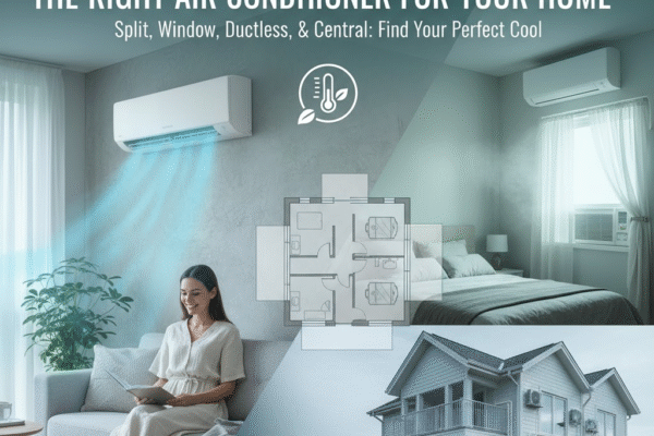The Ultimate Guide to Choosing the Right Air Conditioner for Your Home covering Split AC, Window AC, Ductless Mini-Split, and Central Air Conditioning systems, with a focus on energy efficiency and professional installation.